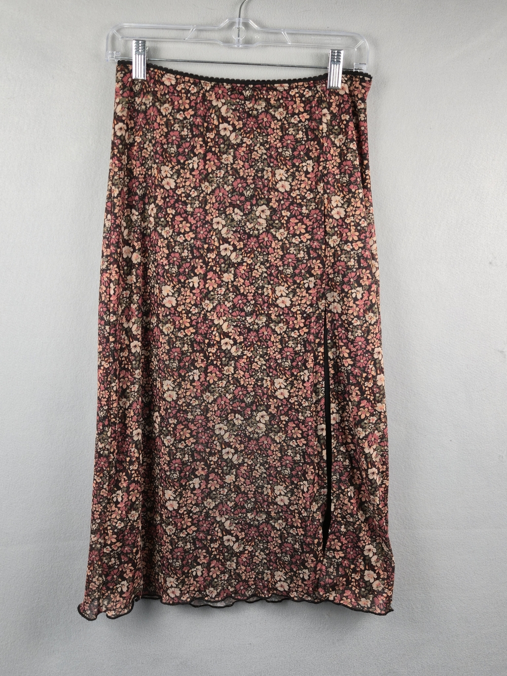 Originality Floral Mesh Midi Skirt Large Black Pink Ditsy Floral Slit